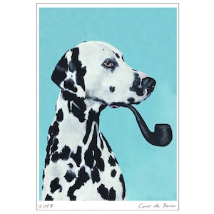 Dalmatian Print, dalmatian Illustration Art Poster Acrylic Painting Kids Decor, black and white, dog Gift, dalmatian with pipe