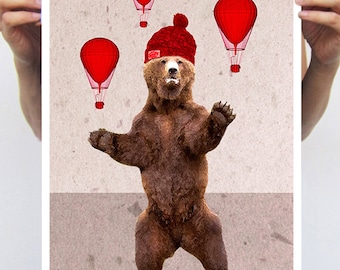 Bear with airballoons : Art Print Poster A3 Illustration Giclee Print Wall art Wall Hanging Wall Decor Animal Painting Digital Coco de Paris