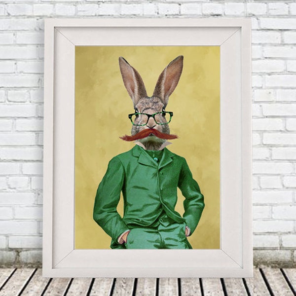 Vintage Rabbit Print, Bunny Print, Rabbit Art Print, Mister Rabbit, Rabbit Art, Rabbit Wall Art, Yellow, Rabbits with Moustache, Art Print