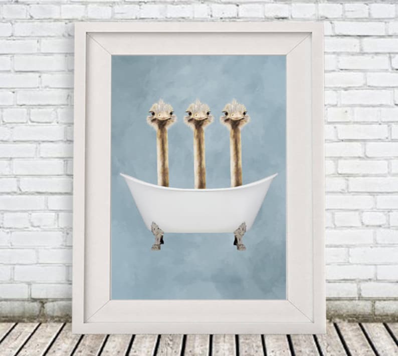 Ostrich Print, bathtub print, Funny Ostriches Artwork, Ostrich Illustration, Coco de Paris, 3 ostriches in Bathtub image 3