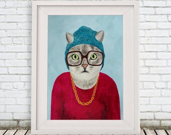 Cat Print, Animal painting portrait painting Giclee Print Acrylic Painting Illustration Print wall art wall decor Wall Hanging Rapper