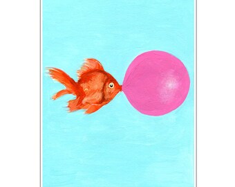 Goldfish with bubblegum, fish print, bubblegum print, Illustration Art Poster Acrylic Painting Kids Decor Drawing Gift