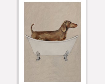 Dachshund in bathtub, Acrylic Painting Kids Decor Drawing Gift, Dog on bathtub, dachshund lovers