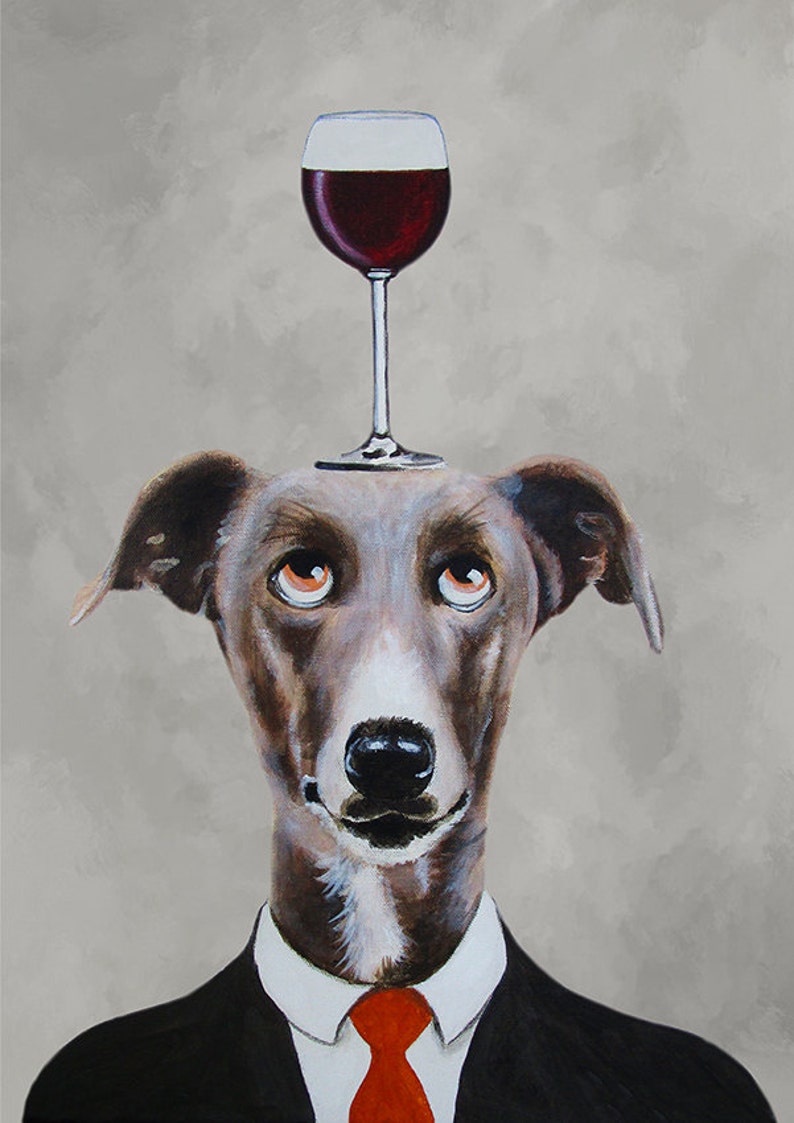 Greyhound Print, Greyhound Illustration Art Poster Acrylic Painting Kids Decor Drawing Gift, Dog with wineglass image 4
