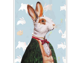 Rabbit Print, Rabbit Art Print, Rabbit Bunny Print, Rabbit Art, Bunny Print, Rabbit Wall Art, 8x10,Blue, Boys, Rabbit Artwork,Wall Decor