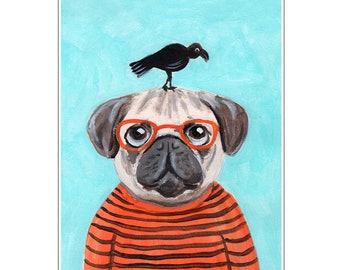 Pug with bird, craw, black bird,pug painting,pug poster, pug illustration, cupcake art, pug lovers, anniversary gift, happy birthday, preppy