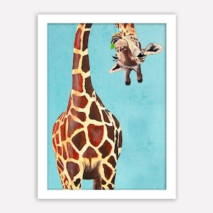 Giraffe mit grünen Blättern: Kunstdruck Poster A3 Illustration Giclée-Druck Wandkunst Wandbehang Wanddekor Tiermalerei Digitale Kunst