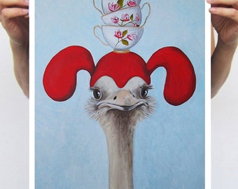 Ostriches with stacking teacups Poster Digital Art Original Illustration Giclee art Print Wall art Wall Hanging Wall Decor Animal Painting