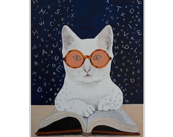Kitten reading book, original Cat print for wall decoration or birthday gift.