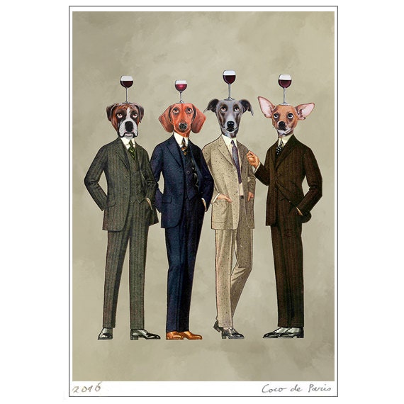 Wine Poster, Wineglass Print, Christmas Gift, Holiday Gift, Dog with wineglass, Boxer, Daschund, Greyhound, Chihuahua, Coco de Paris