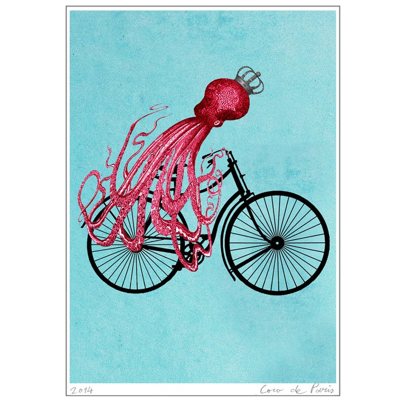Fantasy Octopus Print, Animal painting, Giclee Print Acrylic Painting Illustration wall decor Wall Hanging: octopus on bicycle image 2