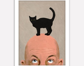 Black Cat on bald head, cat art, cat lovers, kitten print, cat print, happy birtday, man with black cat, kitty, cat painting, cat gift