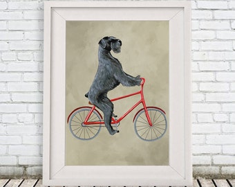 Impression de schnauzer géant, illustration de schnauzer, affiche d'art, peinture acrylique, décoration pour enfants, dessin cadeau, chien à vélo, impression de vélo