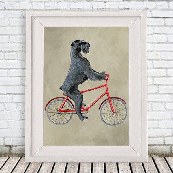 Impression de schnauzer géant, illustration de schnauzer, affiche d'art, peinture acrylique, décoration pour enfants, dessin cadeau, chien à vélo, impression de vélo