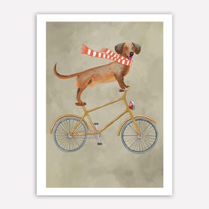 Dachshund Print, Dachshund Illustration Art Poster Acrylic Painting Kids Decor Drawing Gift, Dog on bicycle, bicycle print