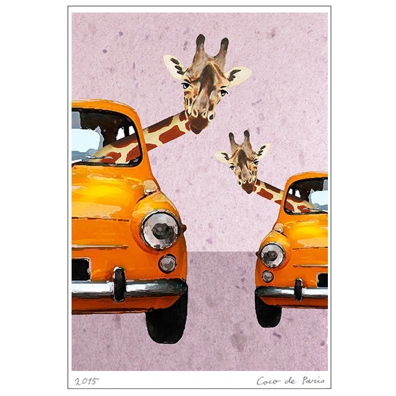 Giraffes in a Car-print Giclee Print Illustration Acrylic 