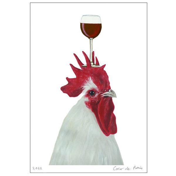 Coq avec verre de vin, Imprimée d’art,peinture animaux, art poétique, art animaux, animaux humains, art abordable