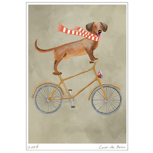 Dachshund Print, Dachshund Illustration Art Poster Acrylic Painting Kids Decor Drawing Gift, Dog on bicycle, bicycle print image 2