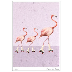 Flamingo Art Print Pink Wall Decor Bird Acrylic Painting, printed version of original painting of Coco de P: Flamingo rollerskate familly