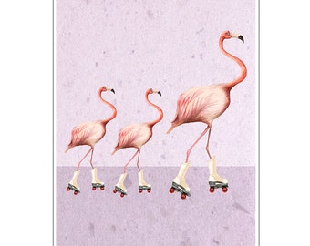 Flamingo Art Print Pink Wall Decor Bird Acrylic Painting, printed version of original painting of Coco de P: Flamingo rollerskate familly