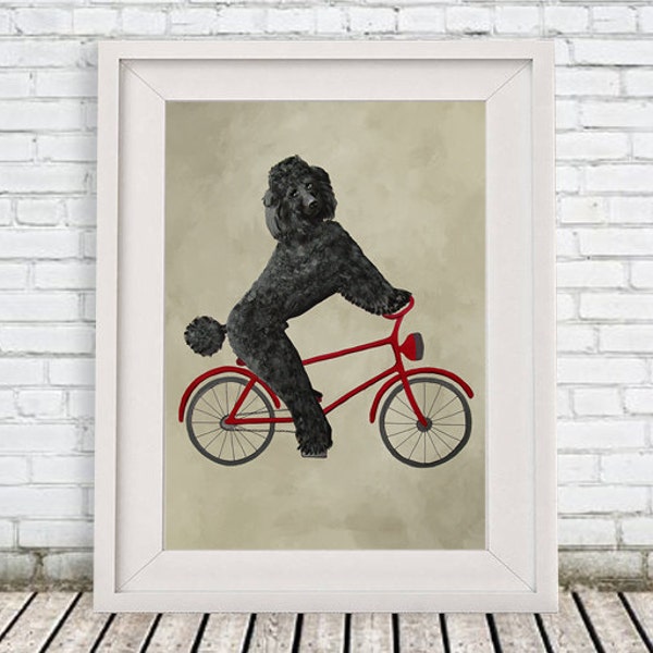 Impression de caniche, affiche d'art d'illustration de caniche, cadeau de dessin de décoration d'enfants, chien à vélo, impression de bicyclette, cadeau de Noël, cadeau de vacances