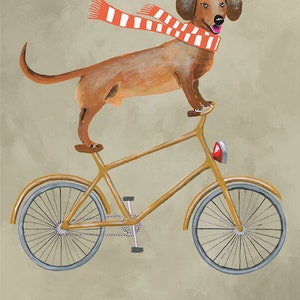 Dachshund Print, Dachshund Illustration Art Poster Acrylic Painting Kids Decor Drawing Gift, Dog on bicycle, bicycle print image 3