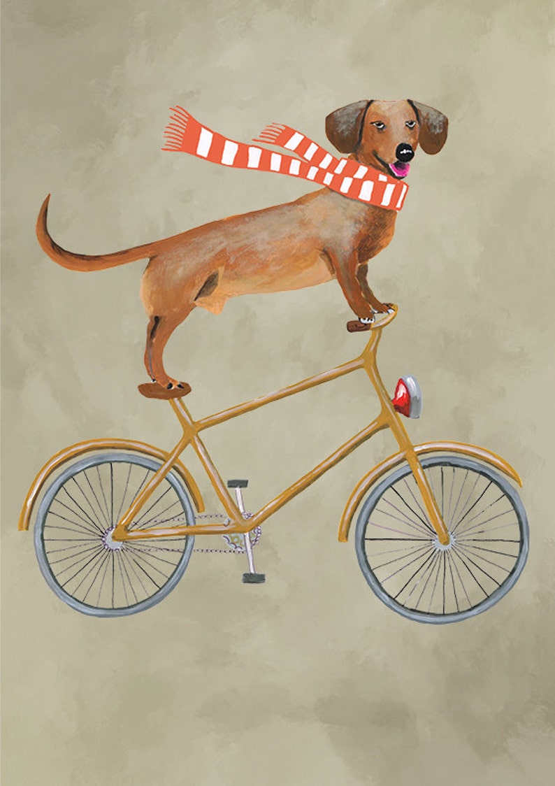 Dachshund Print, Dachshund Illustration Art Poster Acrylic Painting Kids Decor Drawing Gift, Dog on bicycle, bicycle print image 3