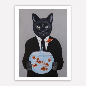 Black Cat with fisbowl, kitten poster, cat art, cat lovers, kitten print, cat print, happy birtday, cat in the rain, kitty, cat painting