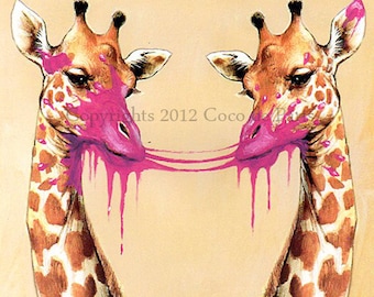 Impression illustration, affiche d'art, peinture acrylique, décoration pour enfants, dessin, cadeau : double girafes, chewing-gum en rafale