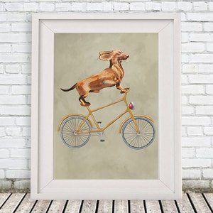 Dachshund Print, daschund, Acrylic Painting Kids Decor Drawing Gift, Dog on bicycle, bicycle print, merry everything, christmas gift image 1