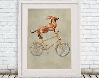 Dackel Print, daschund, Acrylbild Kinderzimmer Dekor Zeichnung Geschenk, Hund auf dem Fahrrad, Fahrrad Print, fröhlich alles, Weihnachtsgeschenk