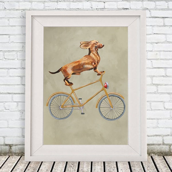 Dachshund Print, daschund, Acrylic Painting Kids Decor Drawing Gift, Dog on bicycle, bicycle print, merry everything, christmas gift