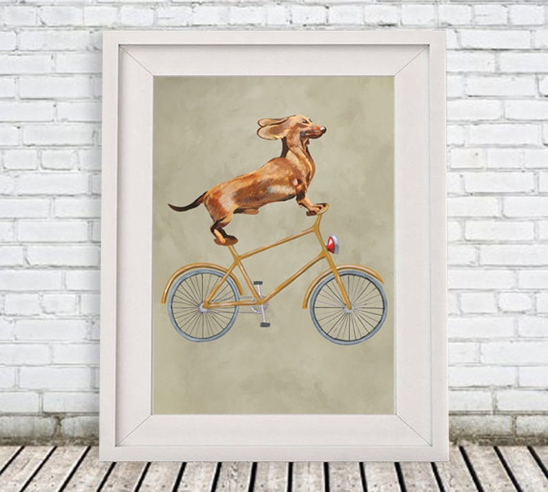 Impression de teckel, teckel, peinture acrylique pour enfants décor dessin cadeau, chien à vélo, impression de vélo, joyeux tout, cadeau de Noël image 1