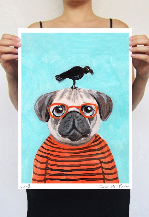 Pug With Bird, Craw, Black Bird,pug Painting,pug Poster, Pug