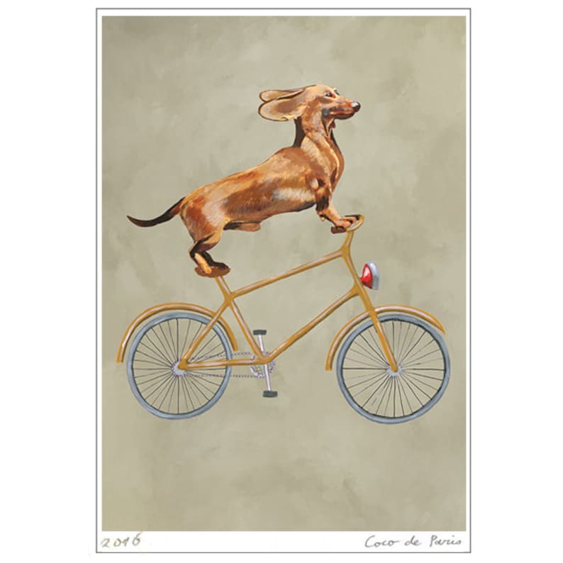 Impression de teckel, teckel, peinture acrylique pour enfants décor dessin cadeau, chien à vélo, impression de vélo, joyeux tout, cadeau de Noël image 2