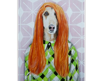 Afghan Dog retro style, Dog portrait painting, sixties, seventies, fashion,  Giclee Print Acrylic Painting Illustration