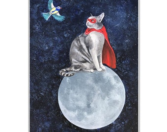 Cat with bird, original Cat print for wall decoration or birthday gift.