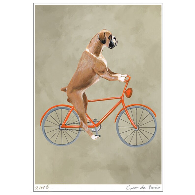 Woodland Boxer Print, Boxer Illustration Art Poster Acrylic Painting Kids Decor Drawing Gift, Dog on bicycle, bicycle print, boxer dog image 2