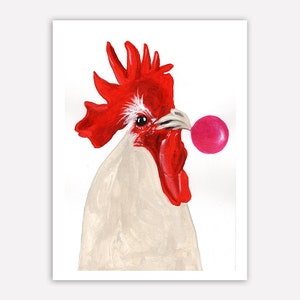 Rooster with bubblegum, original art print by Coco de Paris, nice gift for rooster lovers
