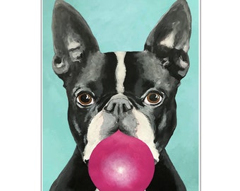 Boston Terrier avec chewinggum, art bouledogue Imprimée d’art,peinture animaux, art poétique, art animaux, animaux humains, art abordable