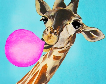 Animal painting fox portrait painting  Giclee Print Acrylic Painting Illustration  Print wall decor Wall Hanging: Giraffe with bubblegum