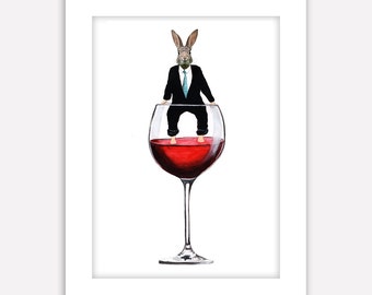 Rabbit feel good, wineglas Rabbit, Rabbit Bunny Print, Rabbit Art, Bunny Print, Rabbit Wall Art, Wall Decor, Holiday gift, Christmas gift