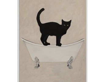 Black Cat on bathtub, kitten poster, cat art, cat lovers, kitten print, cat print, happy birtday, cat in the rain, kitty, cat painting