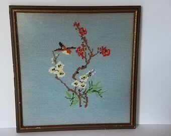 Handmade Framed Needlepoint Bird / Orchids
