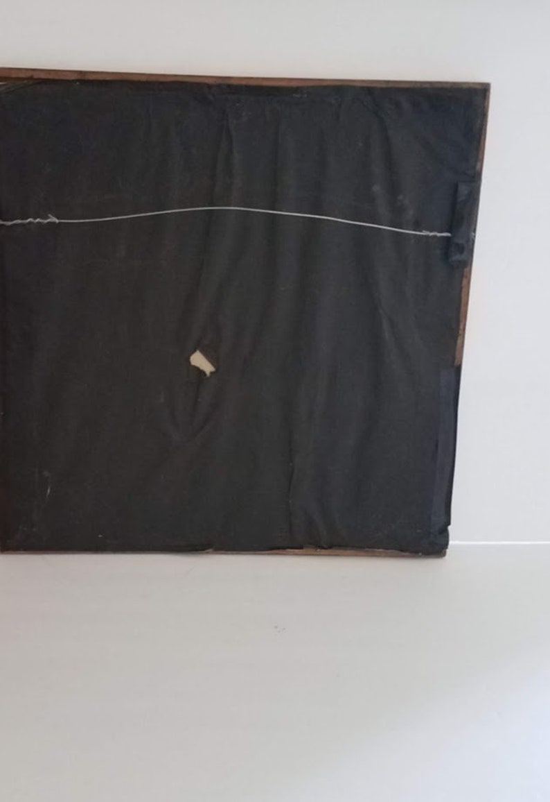 May include: A framed picture with a black background and a brown wooden frame. The frame has a small white label on the back.