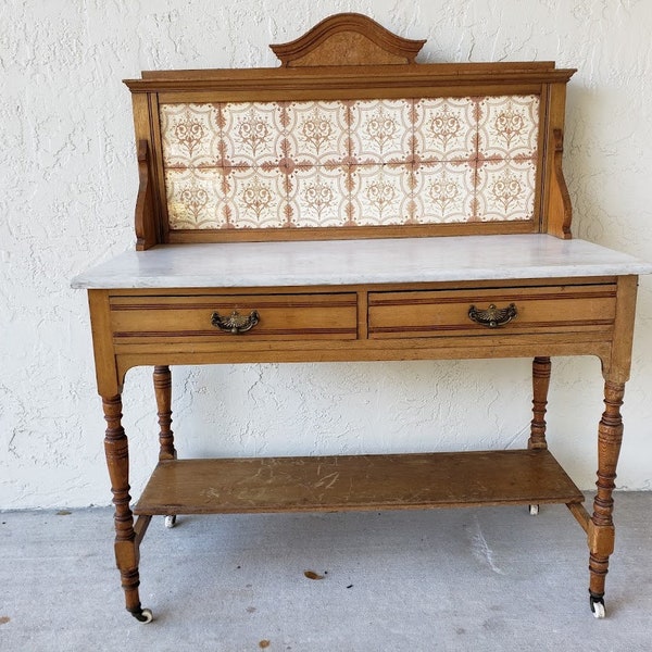 Vintage English Sideboard Washstand with Stone Top and Wheels