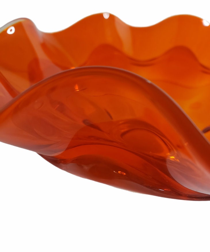 Vintage Mid-Century Amberina Flared Pedestal Orange Red Bowl  Candy Dish