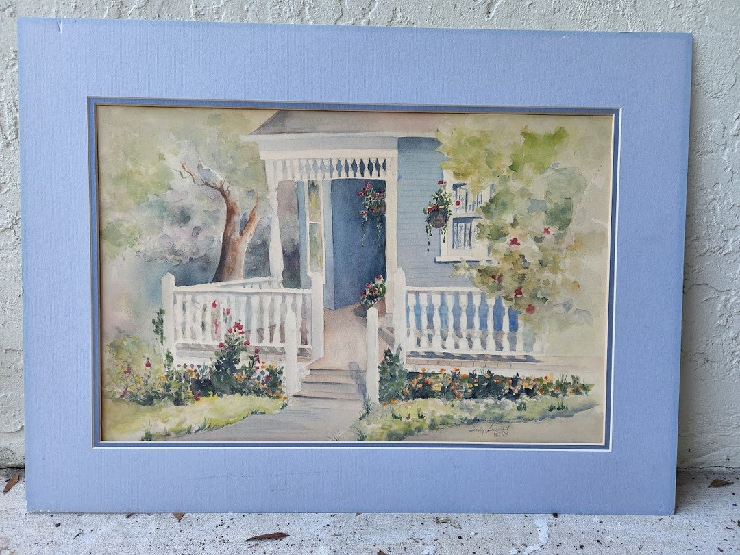 フランス　水彩画　ヴィンテージ 1986 Watercolor by Judy Buswell - Beautiful Front Porch