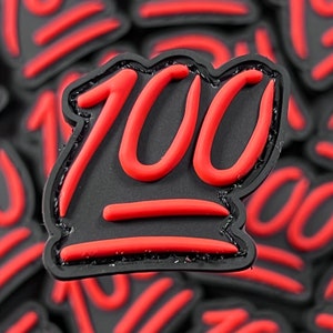 May include: Black and red embroidered patch with the number "100" in a stylized font.