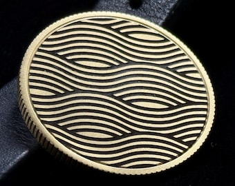 Brass Worry Coin | Japanese Wave Pattern | Laser Engraved | Deep Texture | Reeded Edge | Haptic Fidget Desk Toy | 40mm